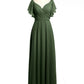 Vestidos de chiffon con escote en V y mangas cap con volantes Verde Oliva Tallas Grandes