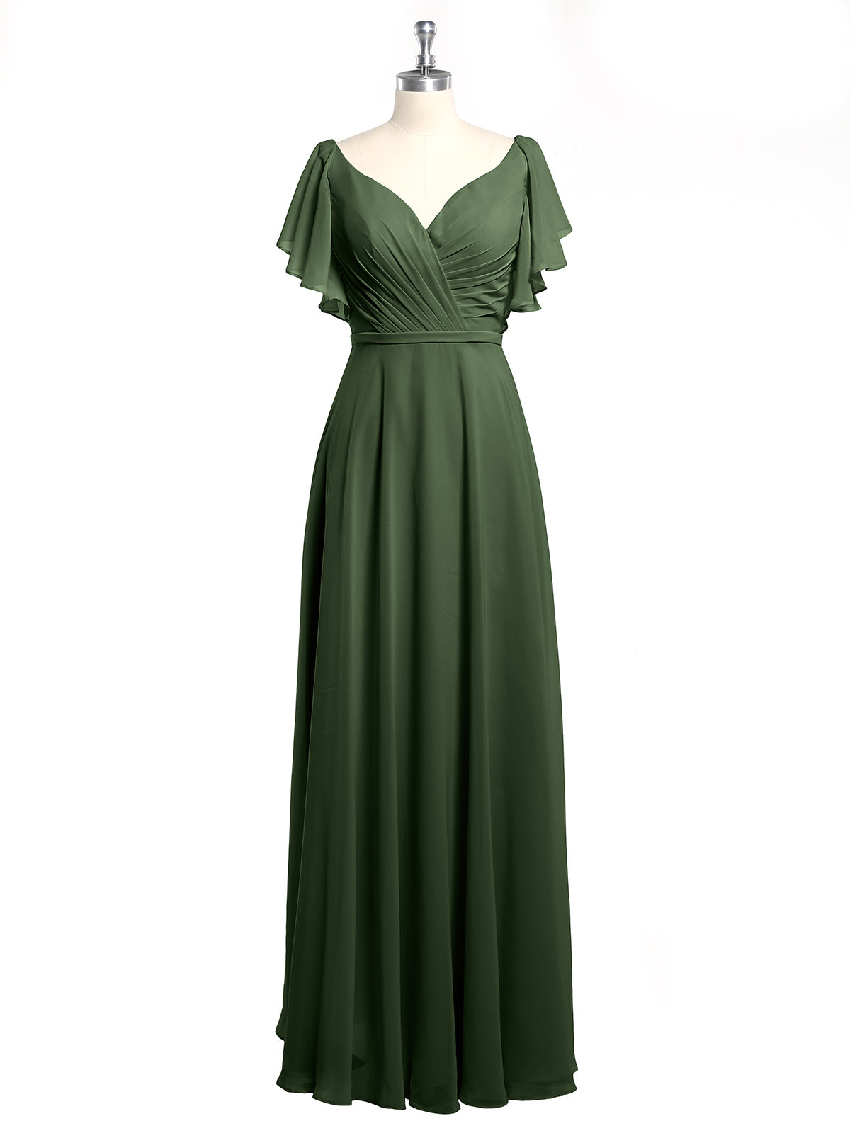 Vestidos de chiffon con escote en V y mangas cap con volantes Verde Oliva Tallas Grandes