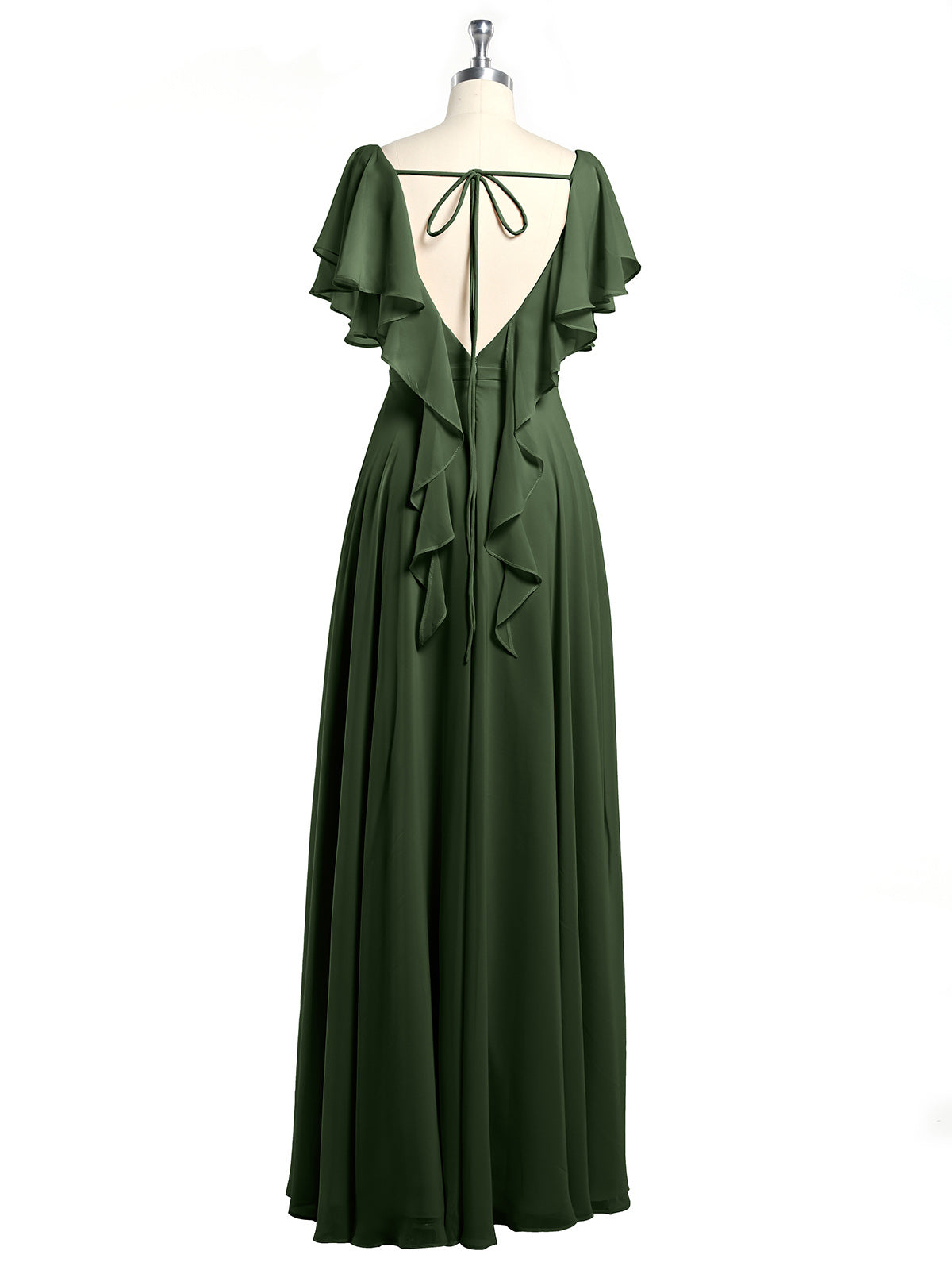 Vestidos de chiffon con escote en V y mangas cap con volantes Verde Oliva Tallas Grandes