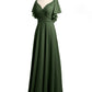 Vestidos de chiffon con escote en V y mangas cap con volantes Verde Oliva Tallas Grandes