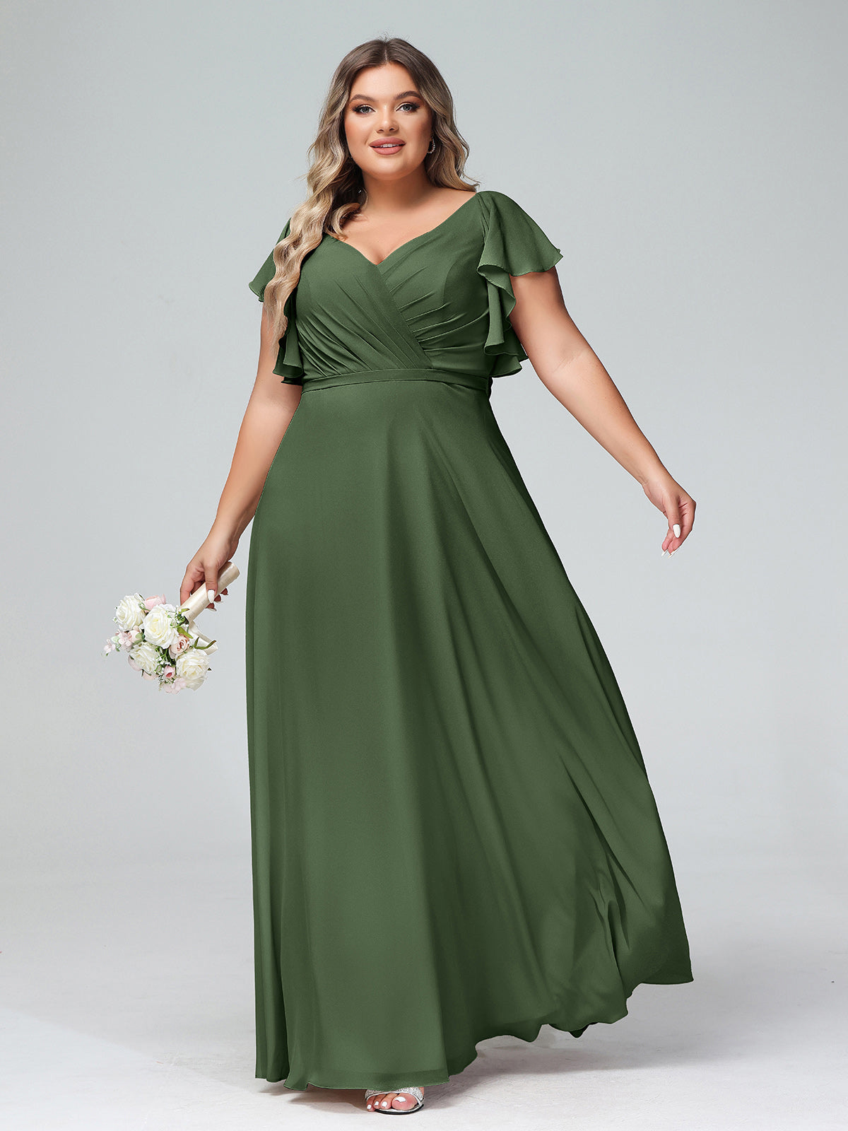 Vestidos de chiffon con escote en V y mangas cap con volantes Verde Oliva Tallas Grandes