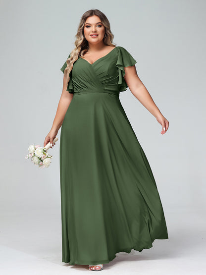 Vestidos de chiffon con escote en V y mangas cap con volantes Verde Oliva Tallas Grandes