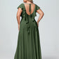 Vestidos de chiffon con escote en V y mangas cap con volantes Verde Oliva Tallas Grandes