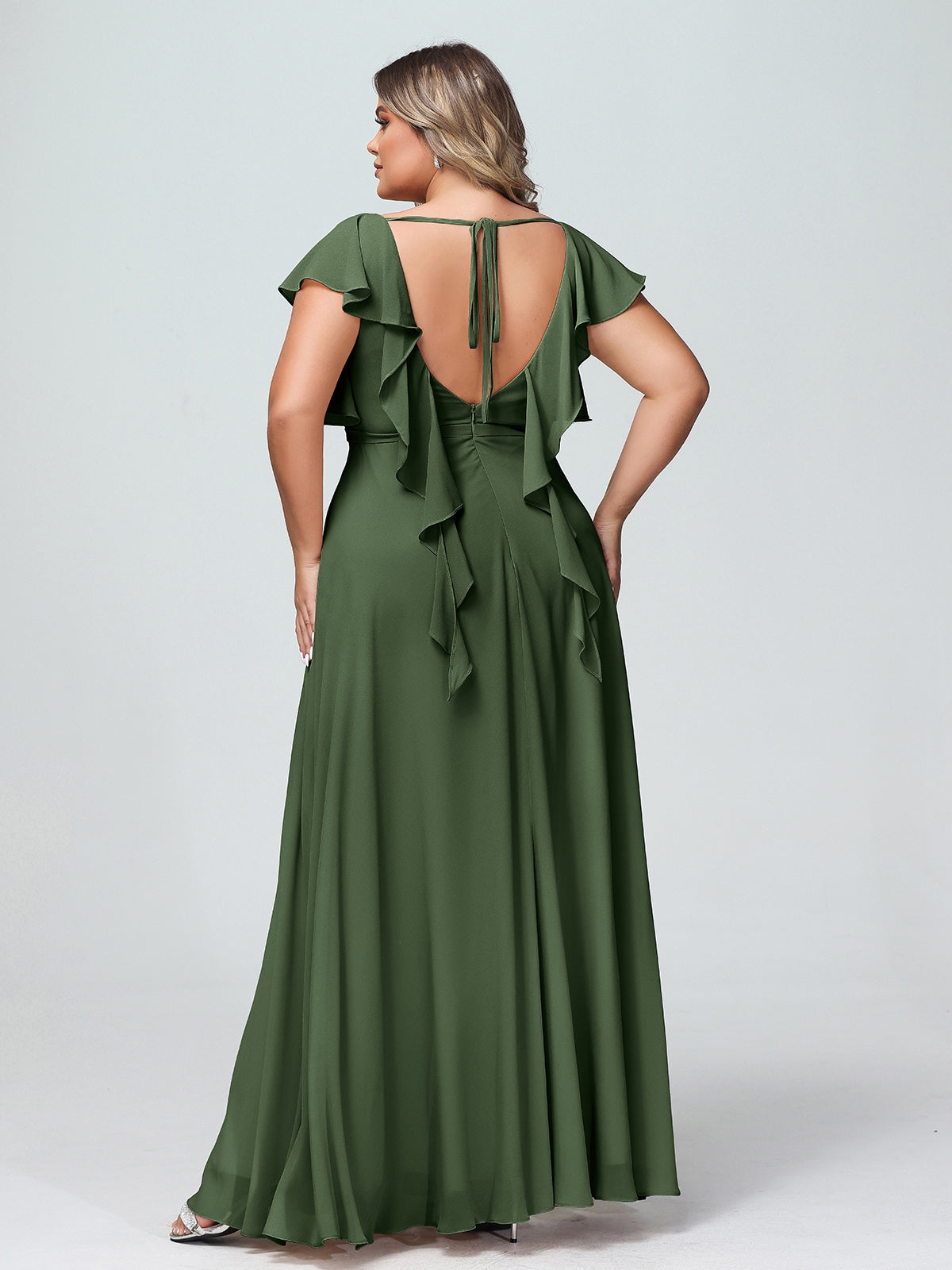 Vestidos de chiffon con escote en V y mangas cap con volantes Verde Oliva Tallas Grandes