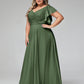 Vestidos de chiffon con escote en V y mangas cap con volantes Verde Oliva Tallas Grandes
