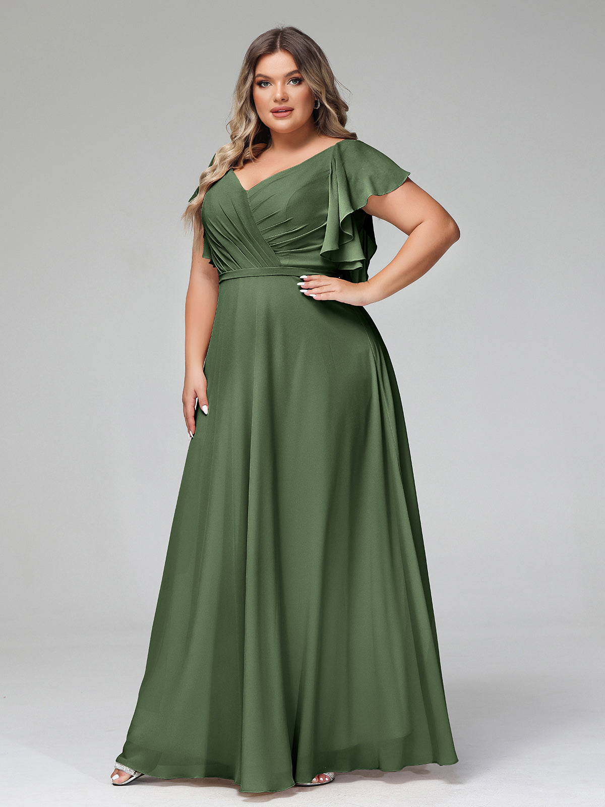 Vestidos de chiffon con escote en V y mangas cap con volantes Verde Oliva Tallas Grandes