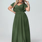Vestidos de chiffon con escote en V y mangas cap con volantes Verde Oliva Tallas Grandes