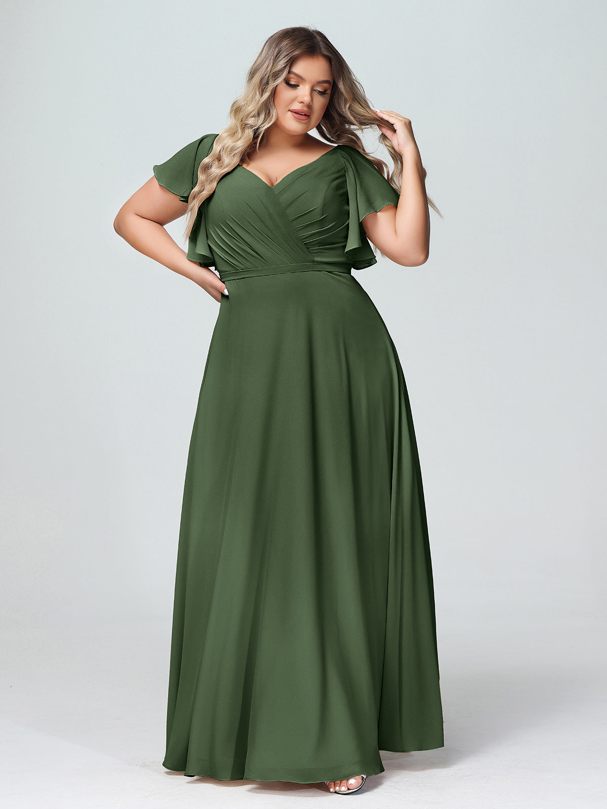Vestidos de chiffon con escote en V y mangas cap con volantes Verde Oliva Tallas Grandes