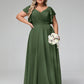 Vestidos de chiffon con escote en V y mangas cap con volantes Verde Oliva Tallas Grandes