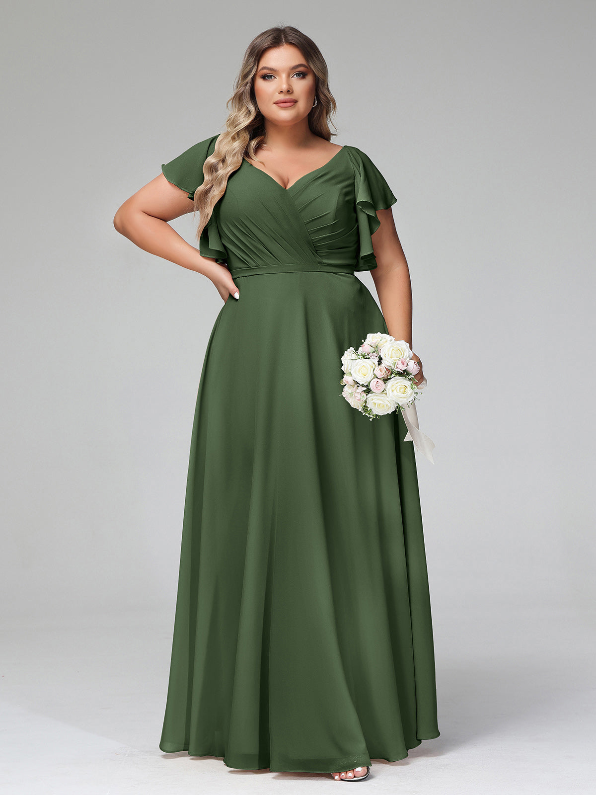 Vestidos de chiffon con escote en V y mangas cap con volantes Verde Oliva Tallas Grandes