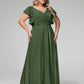 Vestidos de chiffon con escote en V y mangas cap con volantes Verde Oliva Tallas Grandes