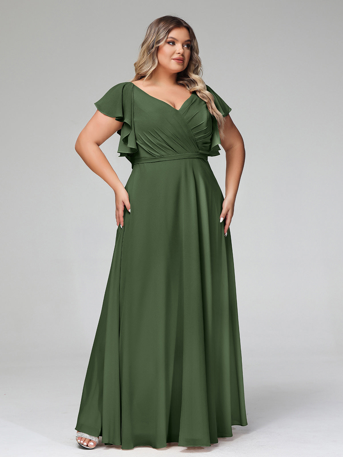 Vestidos de chiffon con escote en V y mangas cap con volantes Verde Oliva Tallas Grandes