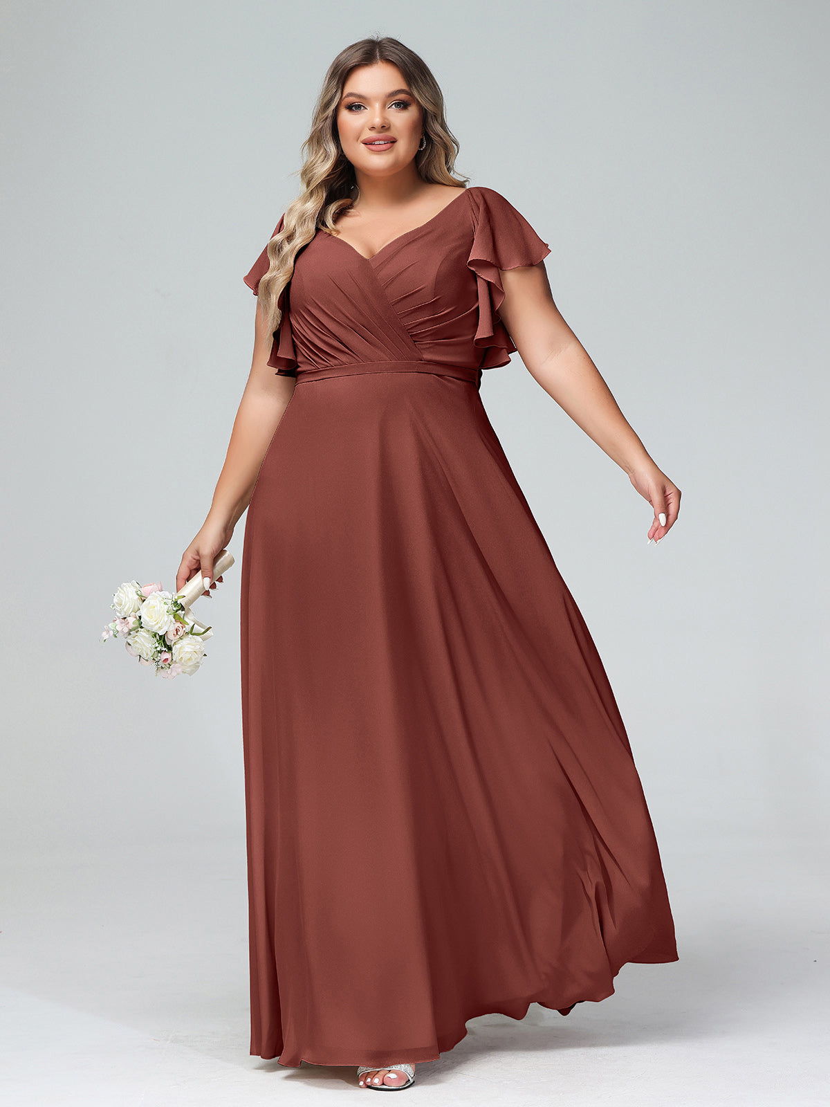 Vestidos de chiffon con escote en V y mangas cap con volantes Terracota Tallas Grandes