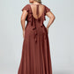 Vestidos de chiffon con escote en V y mangas cap con volantes Terracota Tallas Grandes