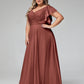Vestidos de chiffon con escote en V y mangas cap con volantes Terracota Tallas Grandes