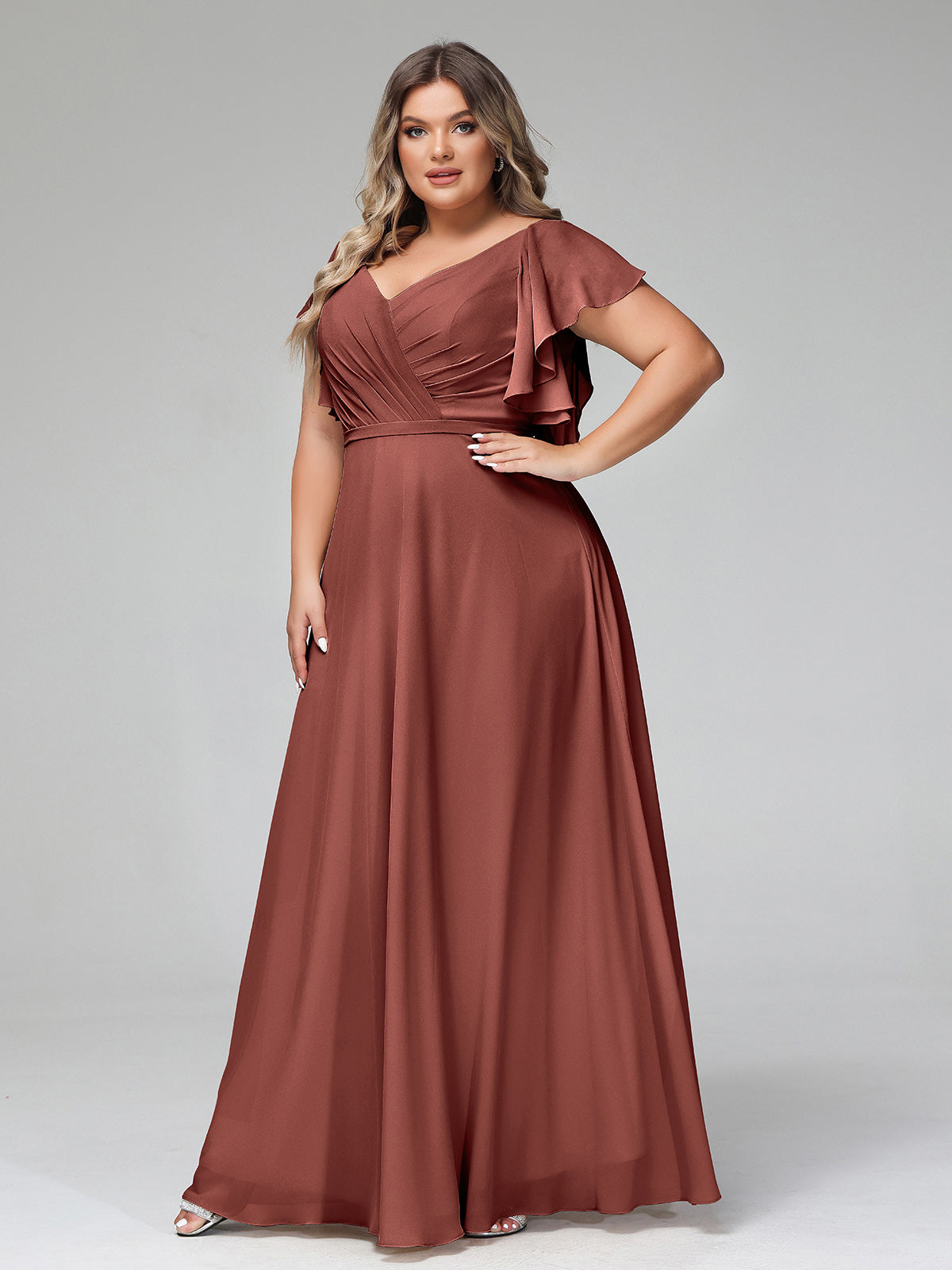 Vestidos de chiffon con escote en V y mangas cap con volantes Terracota Tallas Grandes