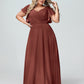 Vestidos de chiffon con escote en V y mangas cap con volantes Terracota Tallas Grandes