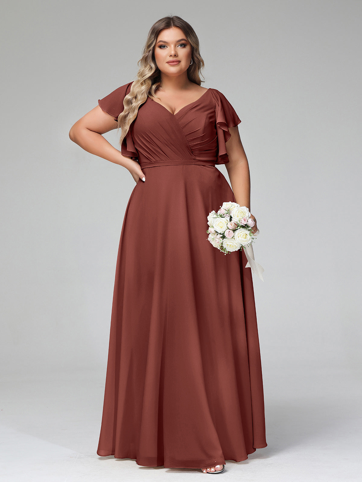 Vestidos de chiffon con escote en V y mangas cap con volantes Terracota Tallas Grandes