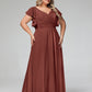 Vestidos de chiffon con escote en V y mangas cap con volantes Terracota Tallas Grandes