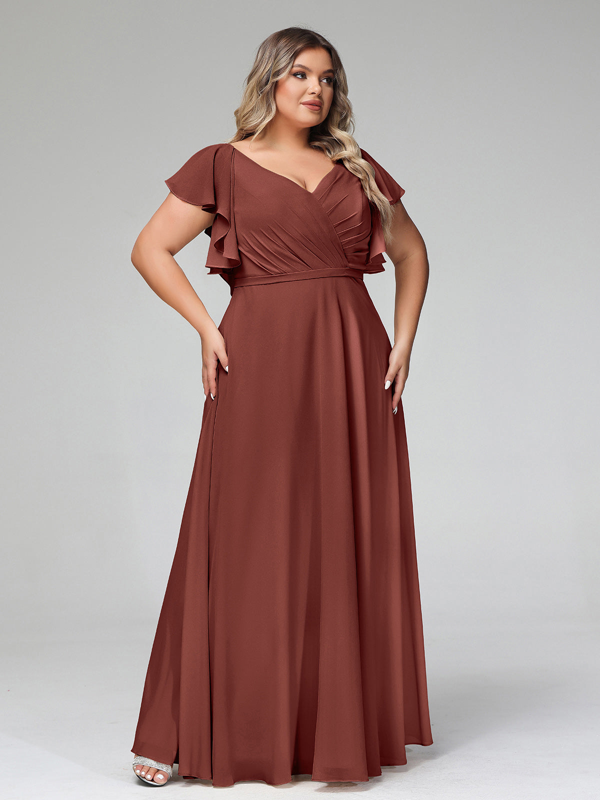 Vestidos de chiffon con escote en V y mangas cap con volantes Terracota Tallas Grandes