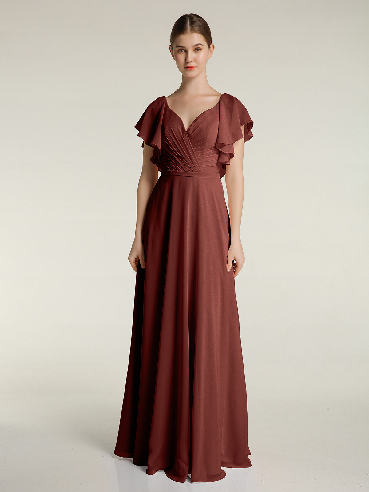 Vestidos de chiffon con escote en V y mangas cap con volantes Terracota