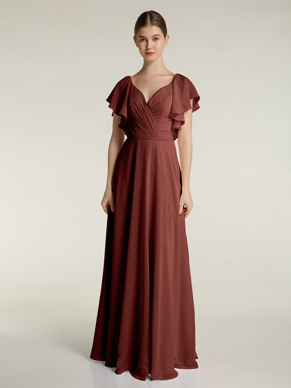 Vestidos de chiffon con escote en V y mangas cap con volantes Terracota