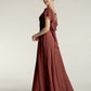 Vestidos de chiffon con escote en V y mangas cap con volantes Terracota