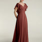 Vestidos de chiffon con escote en V y mangas cap con volantes Terracota