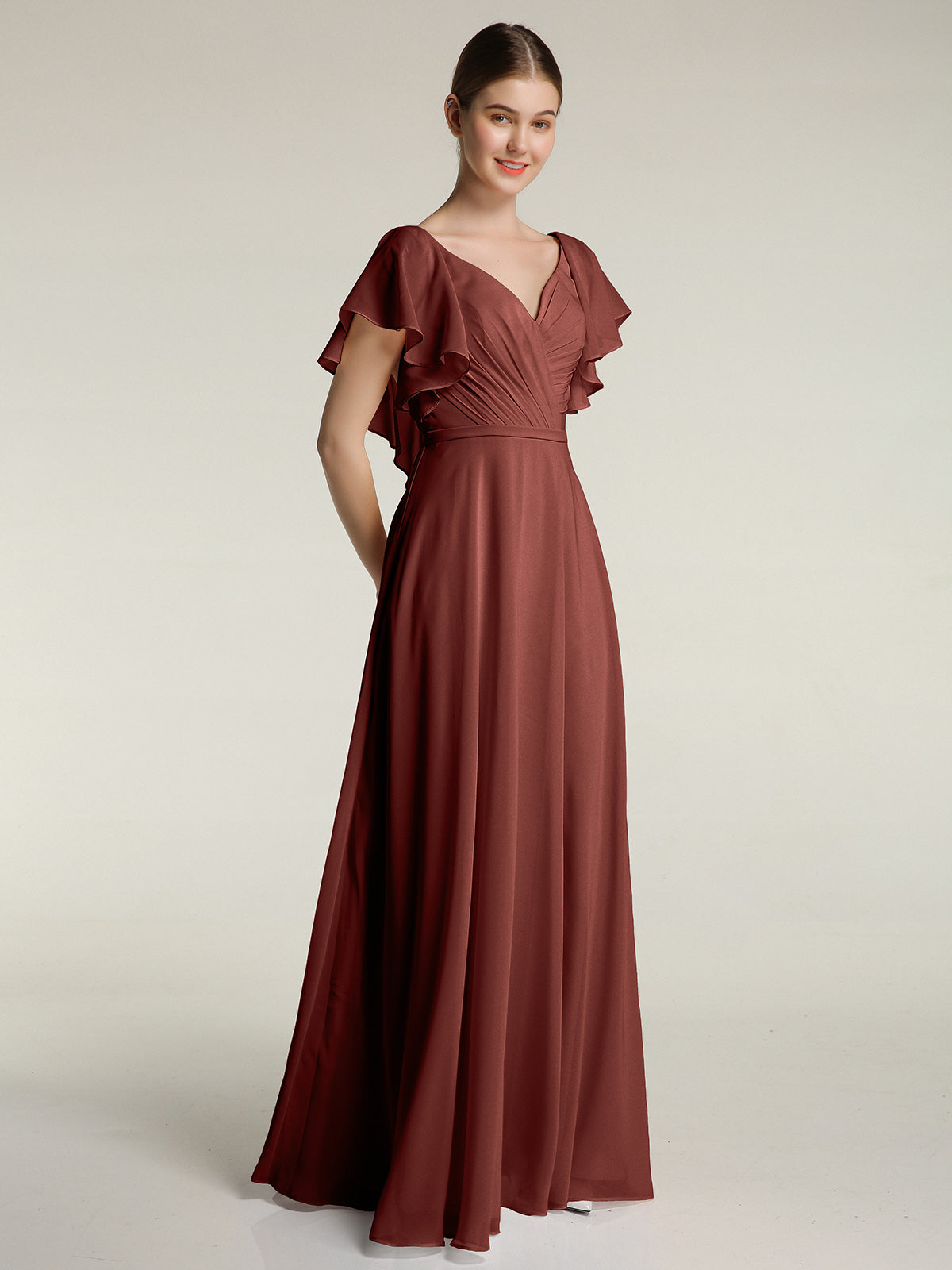 Vestidos de chiffon con escote en V y mangas cap con volantes Terracota