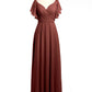 Vestidos de chiffon con escote en V y mangas cap con volantes Terracota