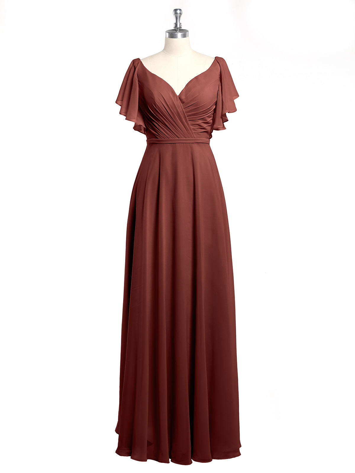 Vestidos de chiffon con escote en V y mangas cap con volantes Terracota