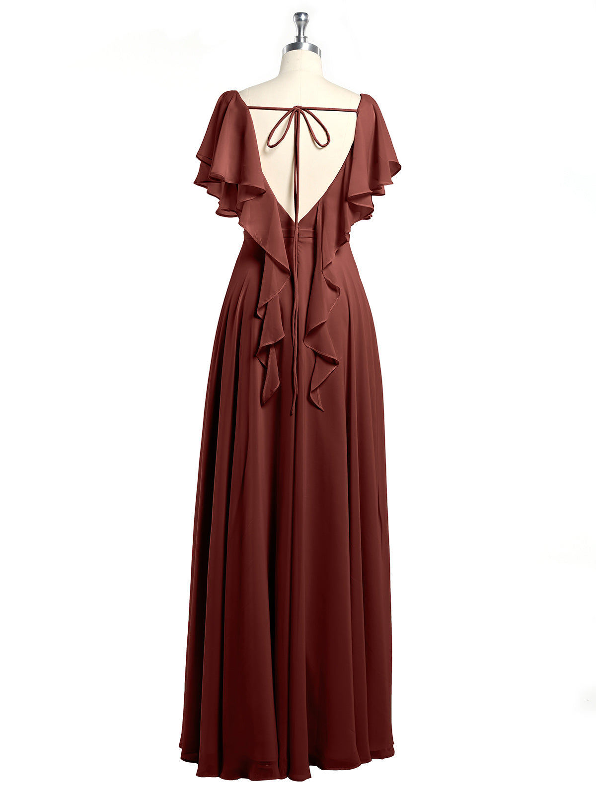 Vestidos de chiffon con escote en V y mangas cap con volantes Terracota