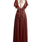 Vestidos de chiffon con escote en V y mangas cap con volantes Terracota Tallas Grandes