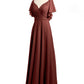 Vestidos de chiffon con escote en V y mangas cap con volantes Terracota Tallas Grandes