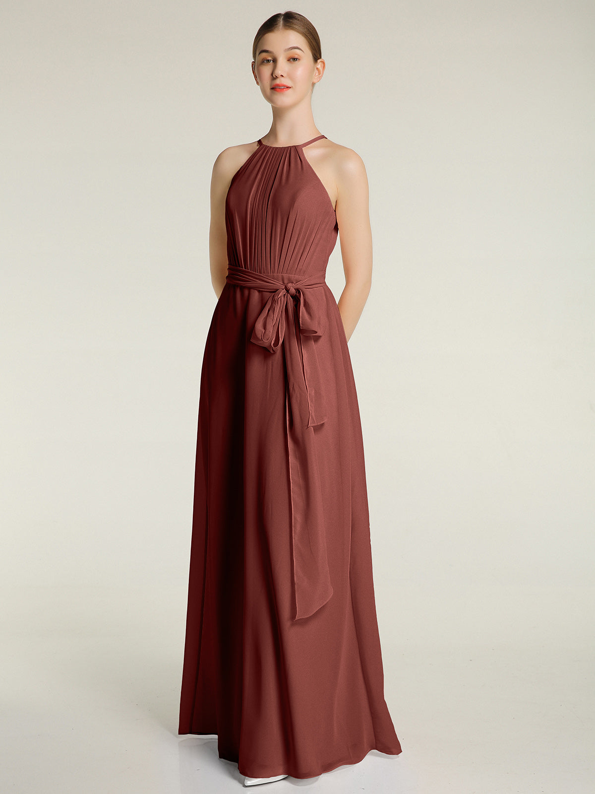 Vestidos largos de chiffon estilo halter con lazo Terracota