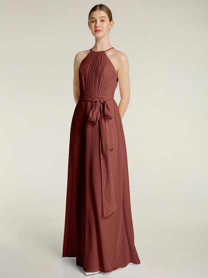 Vestidos largos de chiffon estilo halter con lazo Terracota