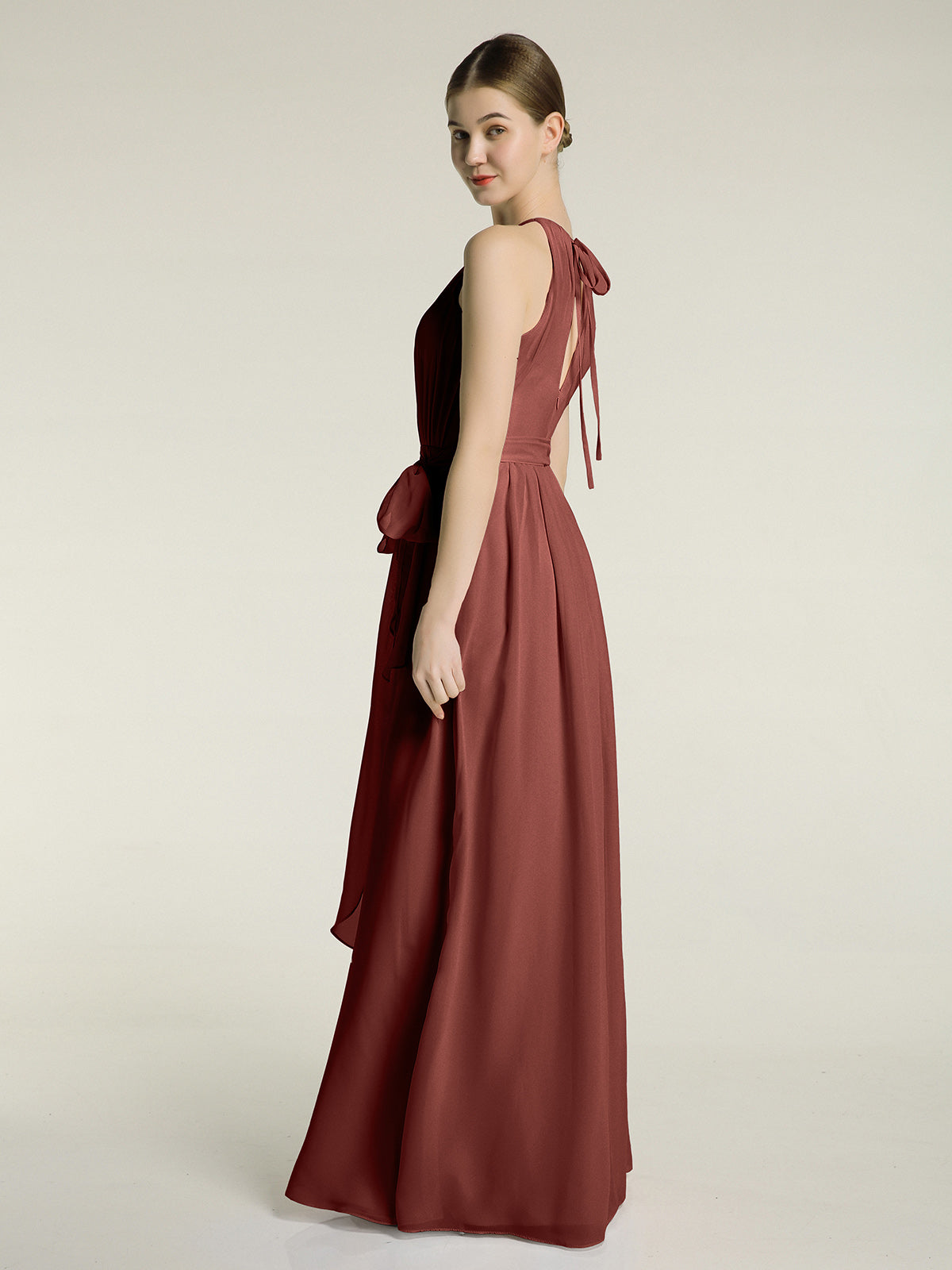 Vestidos largos de chiffon estilo halter con lazo Terracota