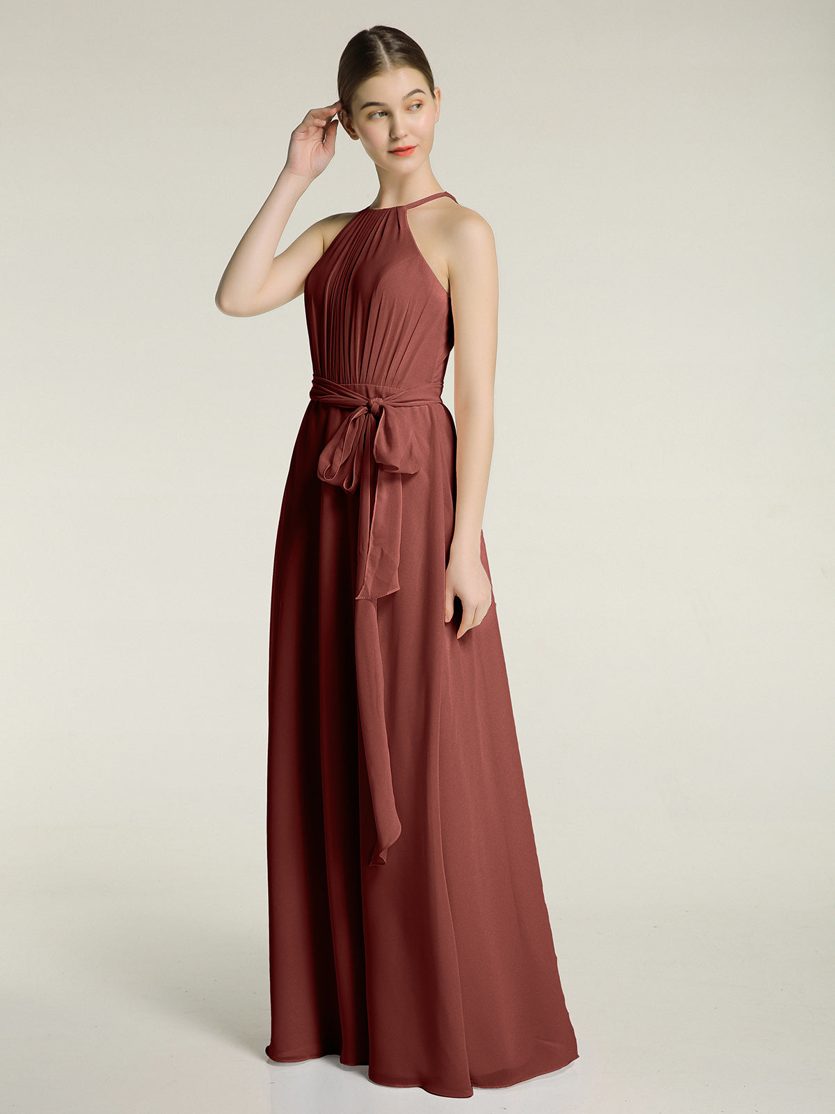 Vestidos largos de chiffon estilo halter con lazo Terracota