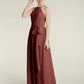 Vestidos largos de chiffon estilo halter con lazo Terracota Tallas Grandes