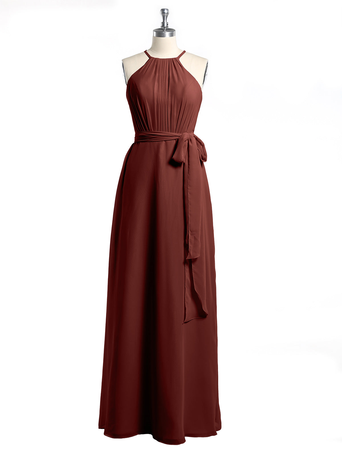 Vestidos largos de chiffon estilo halter con lazo Terracota Tallas Grandes