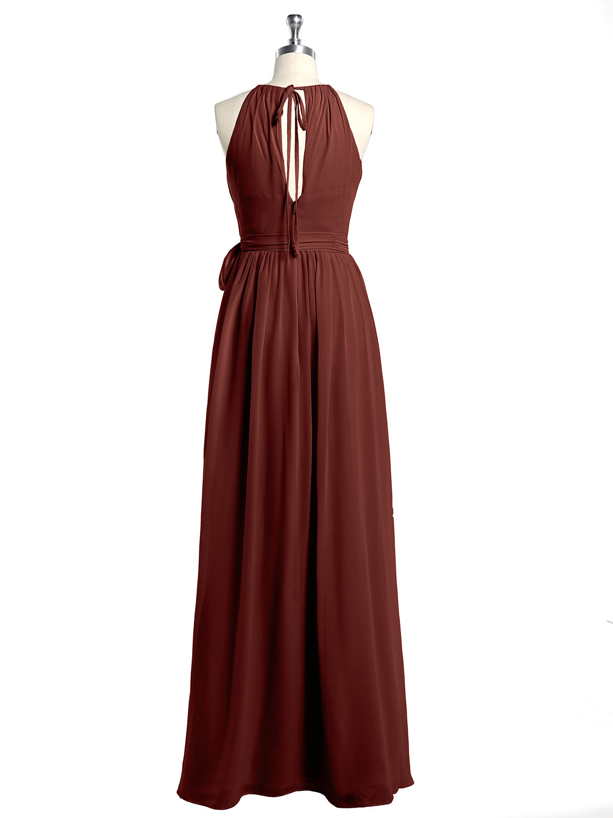 Vestidos largos de chiffon estilo halter con lazo Terracota