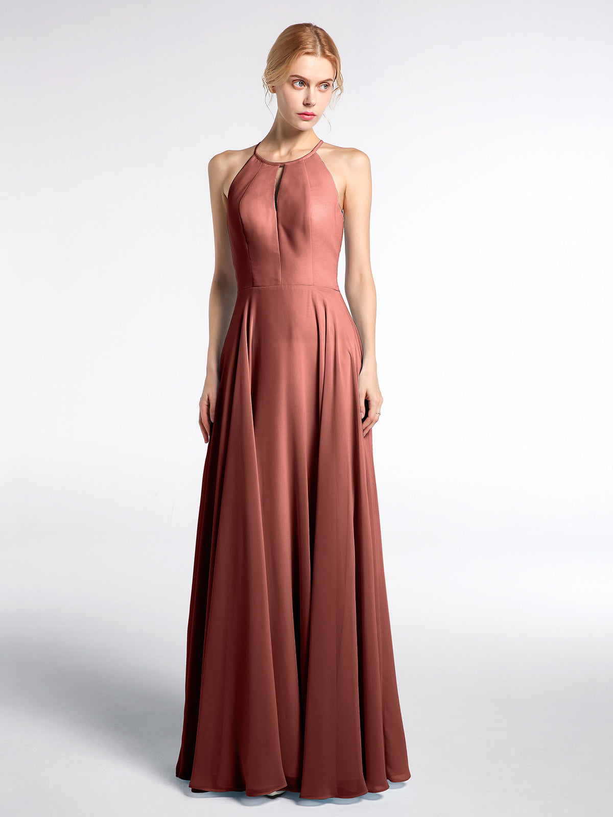 Vestido maxi de falda circular con escote en forma de cerradura y falda plisada Terracota Tallas Grandes