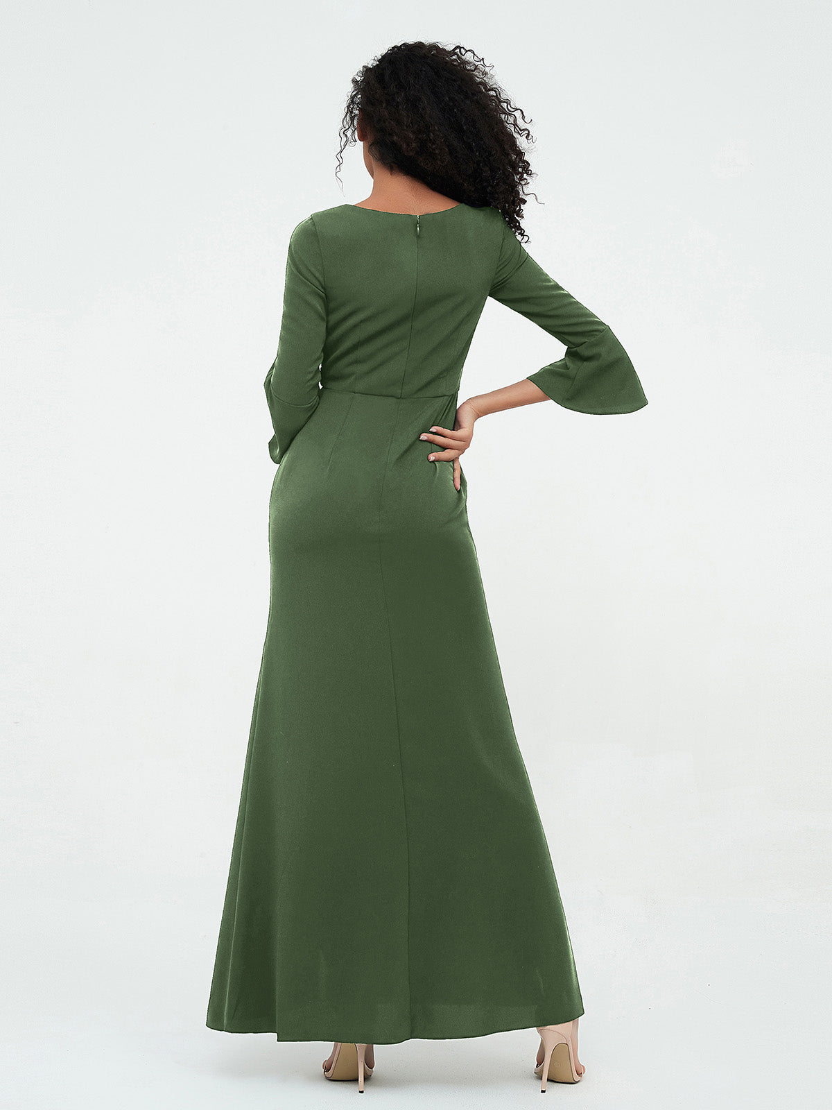 Vestidos con mangas de trompeta sexy y estilo sirena con hombros descubiertos Verde Oliva Tallas Grandes
