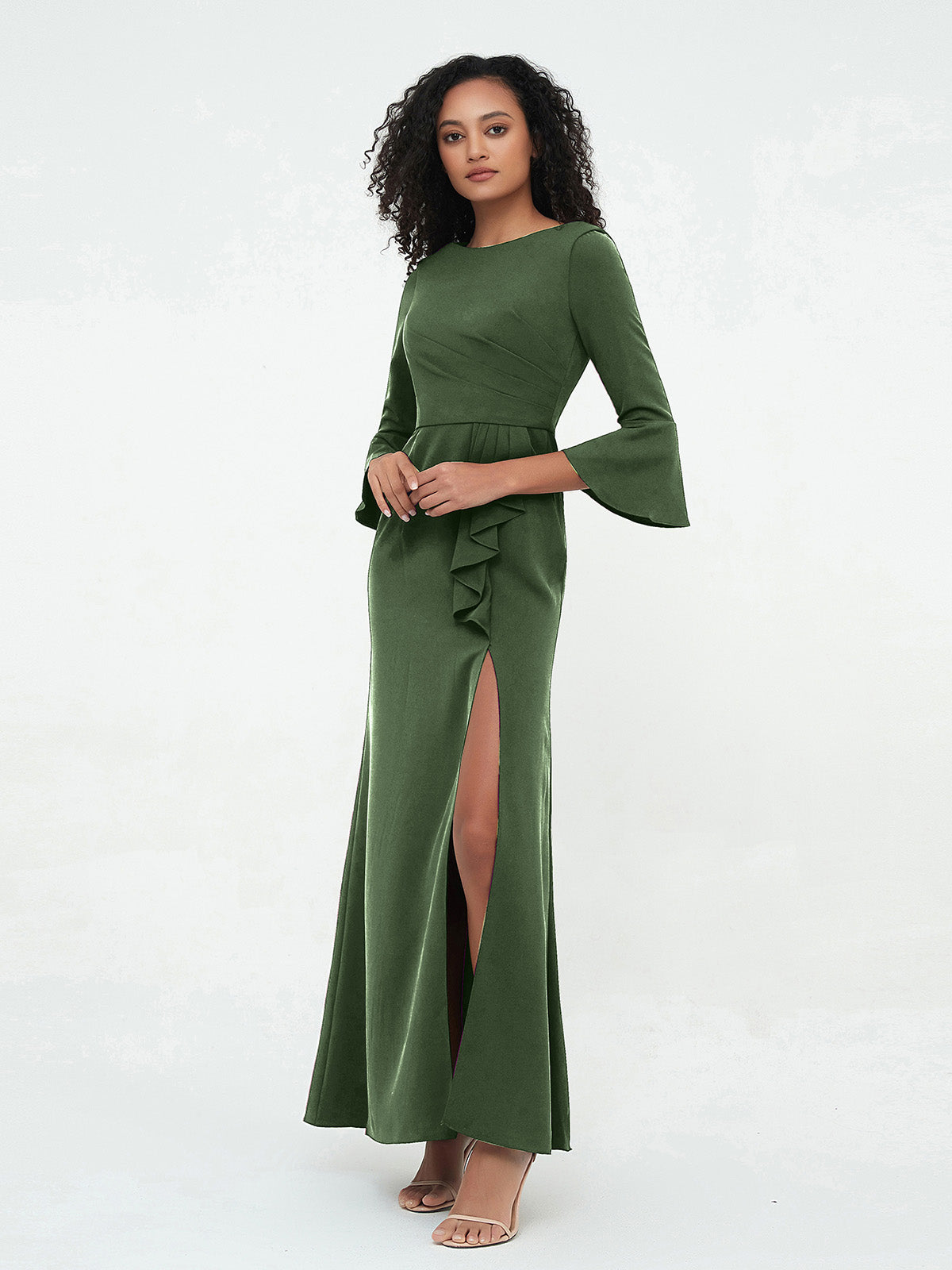 Vestidos con mangas de trompeta sexy y estilo sirena con hombros descubiertos Verde Oliva