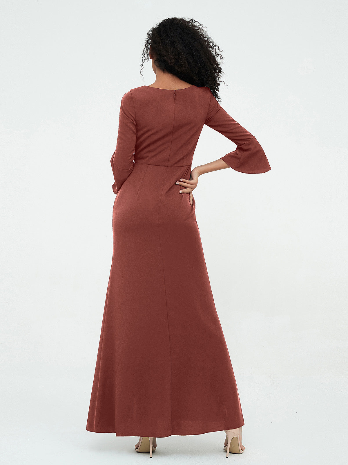 Vestidos con mangas de trompeta sexy y estilo sirena con hombros descubiertos Terracota Tallas Grandes
