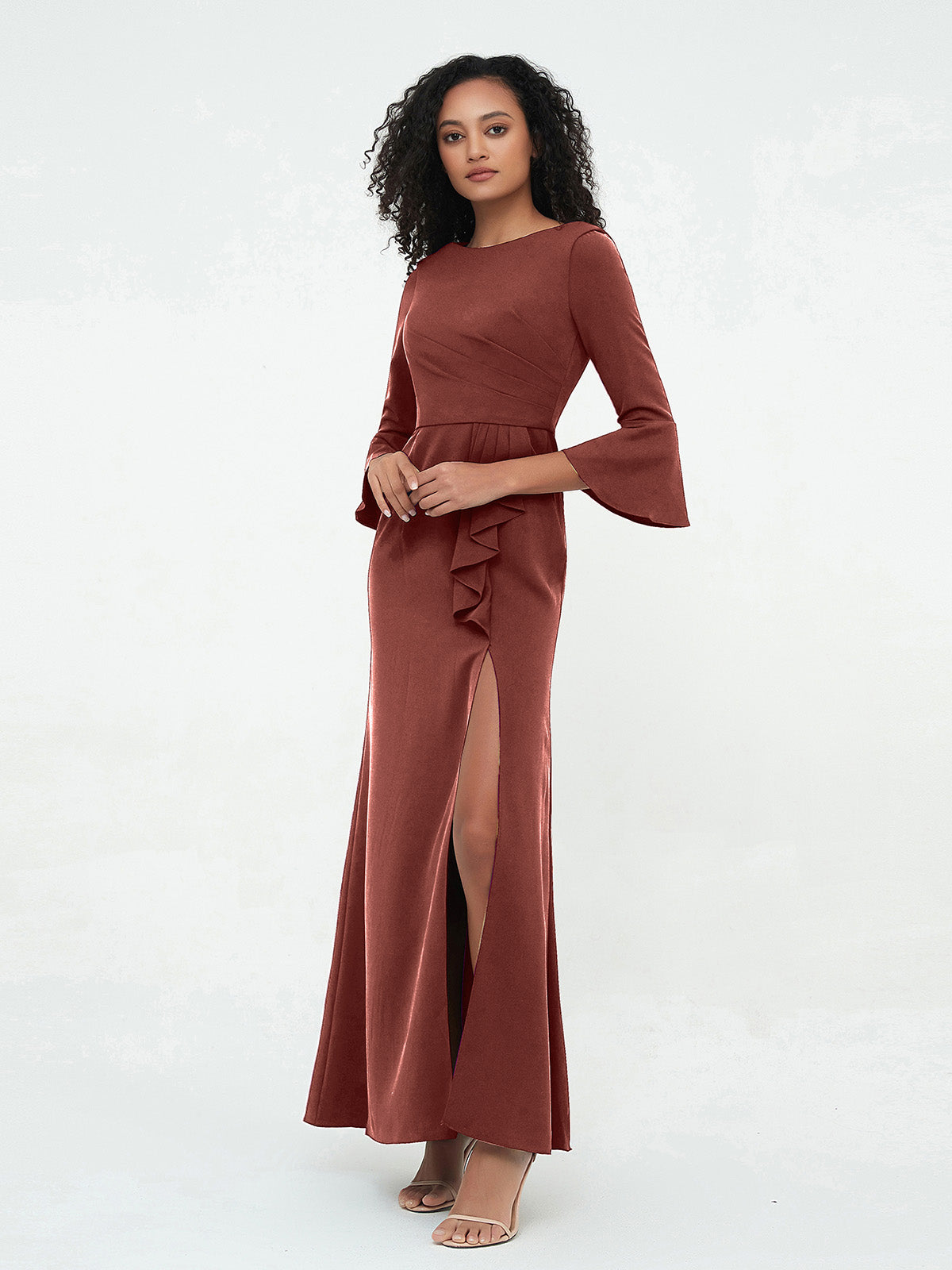 Vestidos con mangas de trompeta sexy y estilo sirena con hombros descubiertos Terracota Tallas Grandes