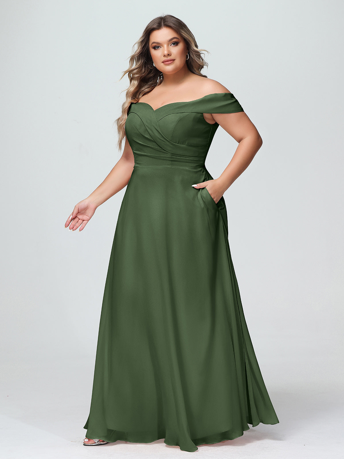 Vestido de falda circular con hombros descubiertos y bolsillos Verde Oliva Tallas Grandes