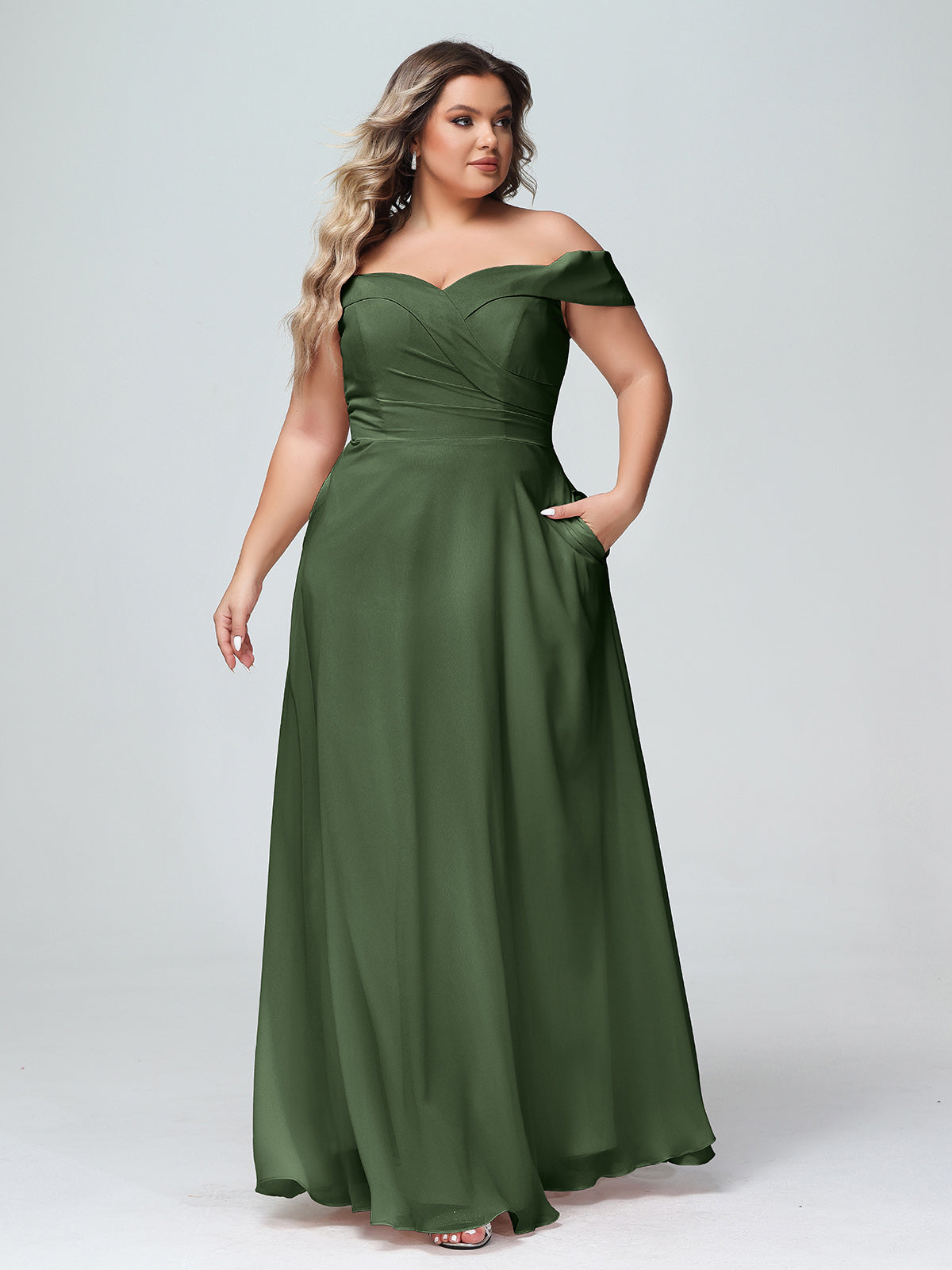 Vestido de falda circular con hombros descubiertos y bolsillos Verde Oliva Tallas Grandes