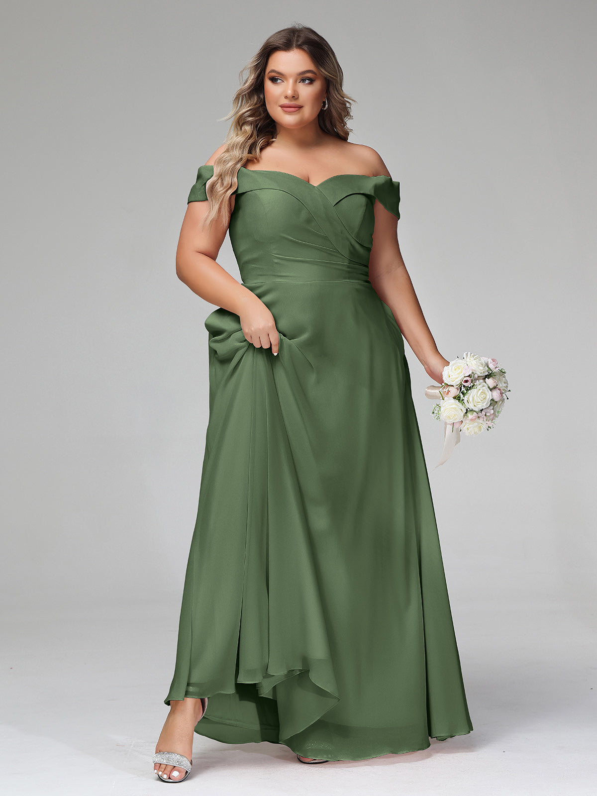 Vestido de falda circular con hombros descubiertos y bolsillos Verde Oliva Tallas Grandes