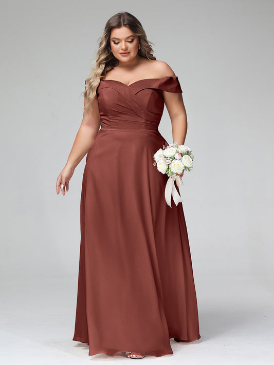 Vestido de falda circular con hombros descubiertos y bolsillos Terracota Tallas Grandes